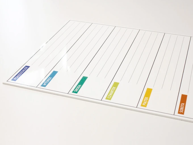 Weekly lean planner dry-erase board 044 - Graphic design. Simple grid with colorful day names.