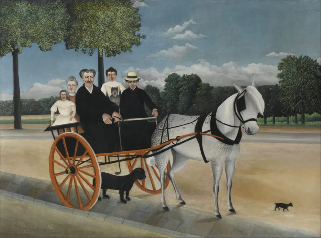 Reproduction of La Carriole du père Junier by Henri Rousseau. The image depicts people in a cart being pulled by.