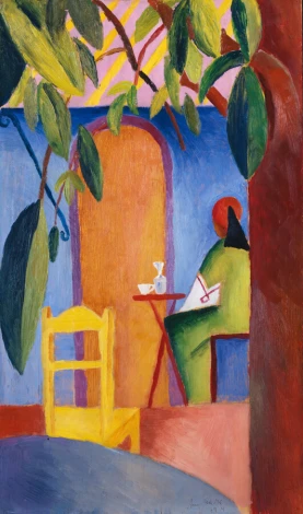 Reproduction of Tuerkisches Cafe by August Macke - graphic design with a seated figure at a table and colorful background.
