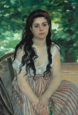 Reproduction of En ete - La bohemienne by Auguste Renoir. Woman in a white blouse and striped pants.