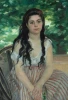 Reproduction of En ete - La bohemienne by Auguste Renoir. Woman in a white blouse and striped pants.