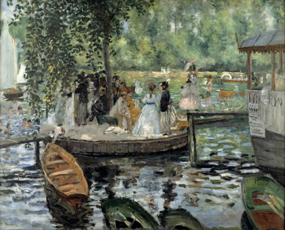 Reproduction of La Grenouillere by Auguste Renoir - Graphic design featuring people on a pier with water and boats in the background.