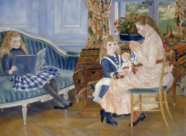 Reproduction of Lapres-midi des enfants a Wargemont by Renoir Auguste. Bright walls, floral curtains, and furniture in the living room.