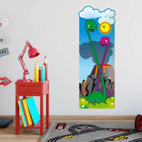Height chart sticker 1139 - Decor in a children\'s room. Light-colored wall, red table, and colorful elements.