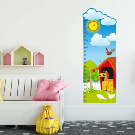 Growth chart sticker 1140 - Decor for a child\'s room. Light-colored walls and pastel furniture.