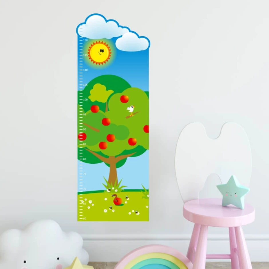 Height chart sticker 1141 - Features a tree with red apples, sun, and clouds.