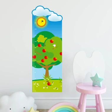 Height chart sticker 1141 - Features a tree with red apples, sun, and clouds.