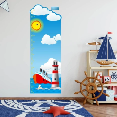 Growth chart sticker 1144 - Decor for a child\'s room. Light-colored wall with marine elements.