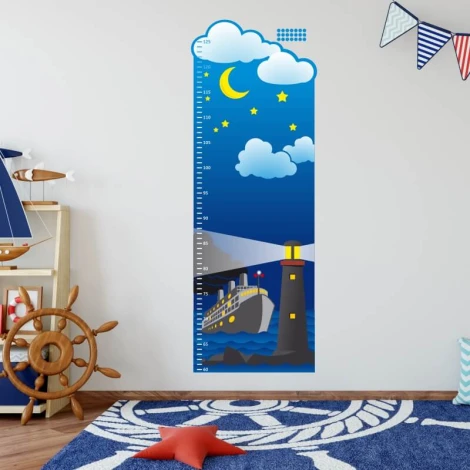 Height chart sticker 1145 - Decor for a child\'s room with light-colored walls, wooden furniture, and a nautical theme.