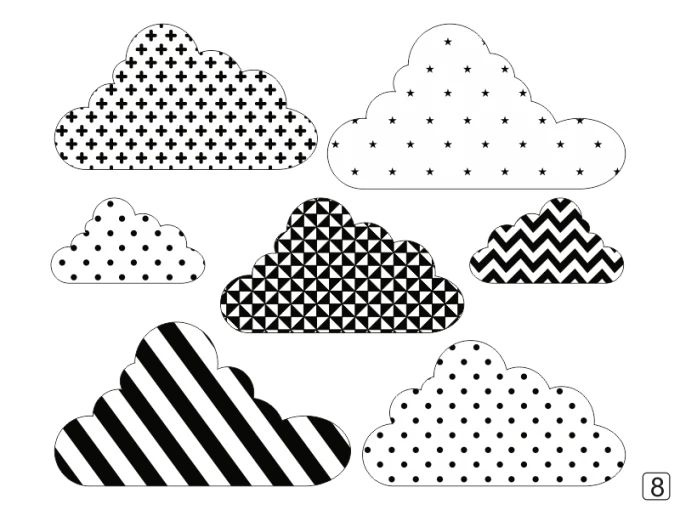 Colorful cloud wall stickers set 2441 - Graphic design. Clouds in various shapes with polka dot and stripe patterns.