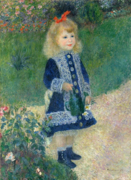 Reproduction of A Girl with a Watering Can by Auguste Renoir - Graphic design. The image features a girl in blue.