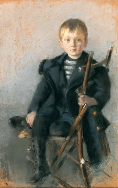 Reproduction of a boy\'s portrait in a black coat with gold buttons by Olga Boznańska. The boy is seated.