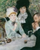 Reproduction of After the Luncheon by Renoir - Graphic design featuring three figures at a table with greenery and flowers in the background.