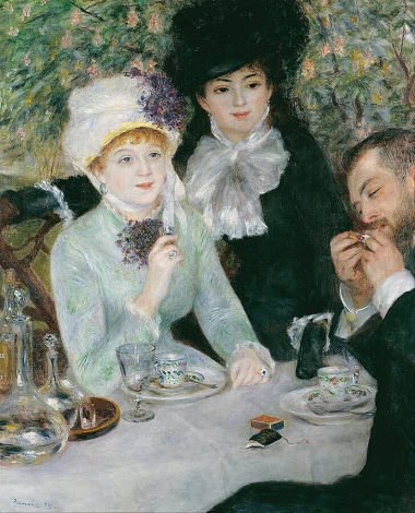 Reproduction of After the Luncheon by Renoir - Graphic design featuring three figures at a table with greenery and flowers in the background.