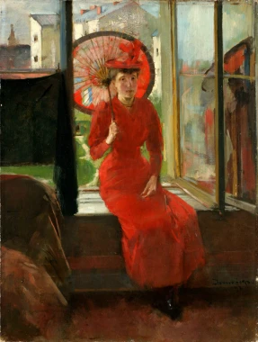 Japanese Self-Portrait by Olga Boznańska - Graphic design. Woman in a red dress sitting by a window, holding.