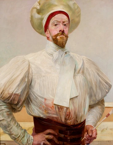 Self-portrait in white by Jacek Malczewski - Graphic design. Man in a white shirt with wide sleeves.