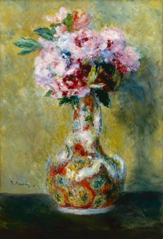 Reproduction of Bouquet in a Vase by Renoir - Graphic design. Flowers in a vase against a yellow background.