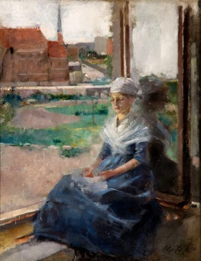 Breton Woman by Olga Boznańska - Graphic design. Woman in a blue dress sitting by a window with a view.