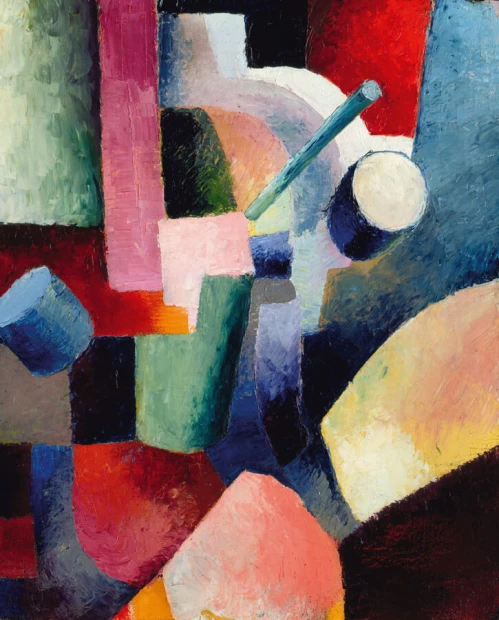 Reproduction of Colored Composition of Forms by August Macke. Complex shapes in vibrant colors.