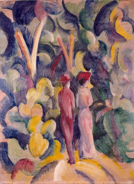 Reproduction of Couple on the Forest Track by August Macke - Graphic design featuring two figures among colorful trees and shrubs.