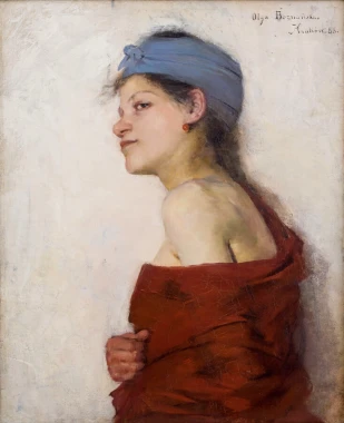Gypsy Reproduction by Olga Boznańska - Graphic design featuring a woman in a red outfit with a blue headscarf.
