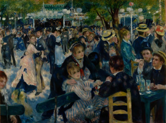 Reproduction of Dance at Le Moulin de la Galette by Renoir - Café setting with wooden tables.