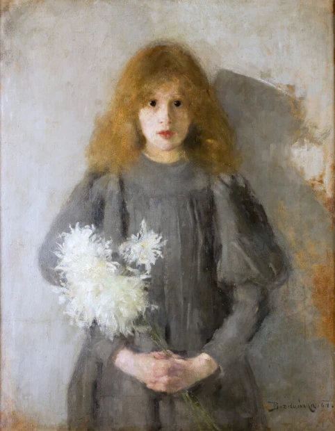 Reproduction of Girl with Chrysanthemums by Olga Boznańska - Graphic design featuring a girl with long hair holding white flowers.