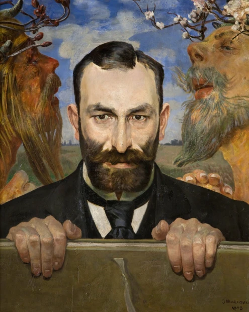 Reproduction of Feliks Jasienski, Jacek Malczewski - Graphic design. Bearded man holding a frame with bearded figures in the background.