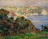 Reproduction of Fog on Guernsey by Auguste Renoir. The image depicts a landscape with a house on a hill, sea, and greenery.