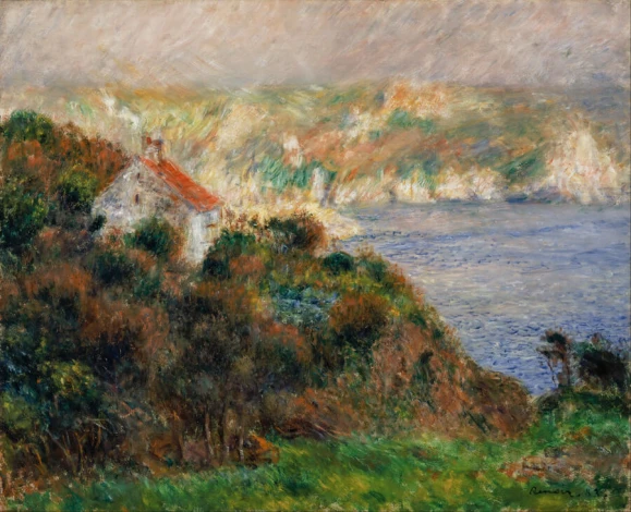Reproduction of Fog on Guernsey by Auguste Renoir. The image depicts a landscape with a house on a hill, sea, and greenery.