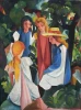 Reproduction of Four Girls by August Macke - Four figures in colorful outfits surrounded by green trees.