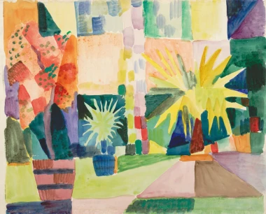 Reproduction of Garden on Lake Thun by August Macke - Graphic design featuring colorful patches of vegetation and geometry.