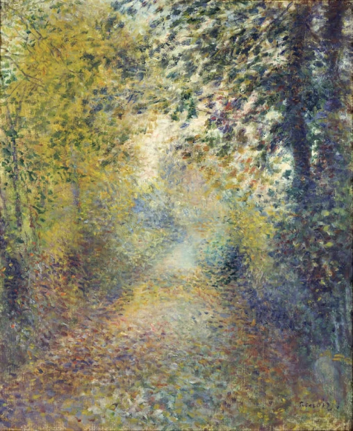 Reproduction of In the Woods by Auguste Renoir - A graphic design featuring a forest path surrounded by trees and colors.