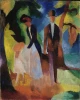 Reproduction of "People by the Blue Lake" by August Macke - Graphic design with figures in bright clothing against colorful splashes.