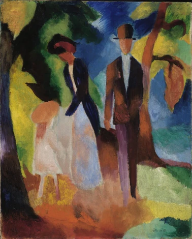 Reproduction of "People by the Blue Lake" by August Macke - Graphic design with figures in bright clothing against colorful splashes.