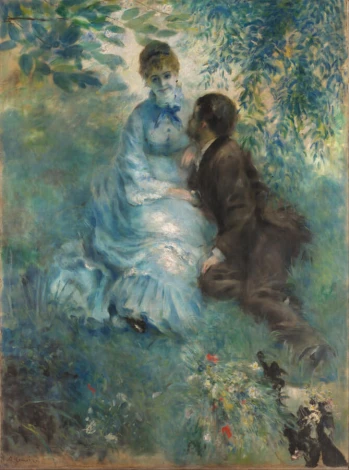 Reproduction of Lovers by Auguste Renoir - Graphic design featuring figures in a romantic setting with greenery and flowers.
