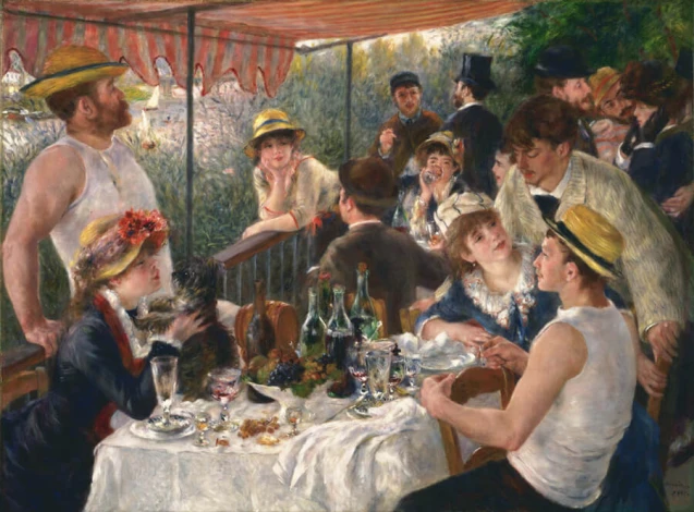 Reproduction of Luncheon of the Boating Party by Renoir. Bright wall colors and wooden furniture for restaurant decor.