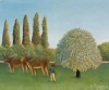 Meadowland reproduction by Henri Rousseau - A graphic design featuring a green meadow, two cattle, a tree, and a figure.
