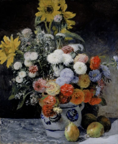 Reproduction of Mixed Flowers in an Earthenware Pot by Auguste Renoir. Colorful flowers in a vase.