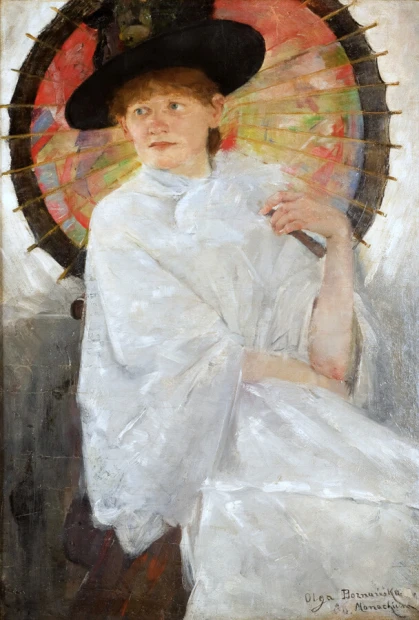 Young Woman with Umbrella, Olga Boznańska - Graphic design. Female figure in a white dress with an umbrella, background.
