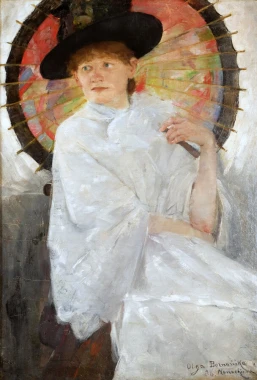 Young Woman with Umbrella, Olga Boznańska - Graphic design. Female figure in a white dress with an umbrella, background.