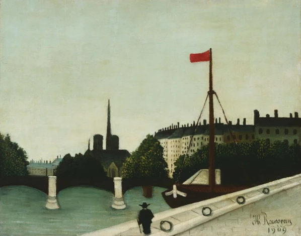 Reproduction of Notre Dame by Henri Rousseau. The image features a river, buildings, and a figure walking along the waterfront.