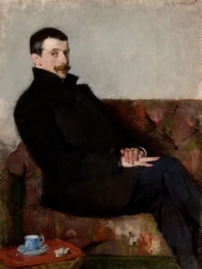 Reproduction by Paul Neuen, Olga Boznańska - Living room arrangement with muted walls and a dark sofa.