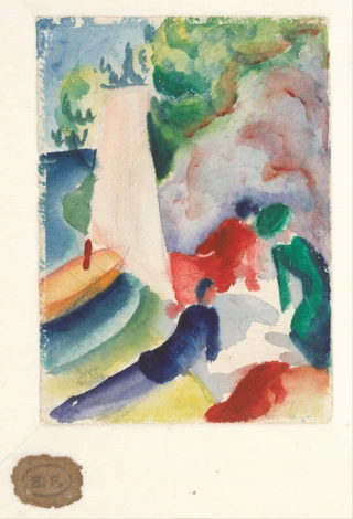 Reproduction of Picnic on the Beach by August Macke - A graphic design featuring figures in vibrant colors.
