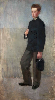 Boy\'s portrait in school uniform by Olga Boznańska - Graphic design. Boy with a bag, background included.