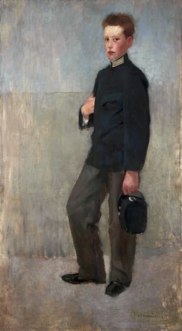 Boy\'s portrait in school uniform by Olga Boznańska - Graphic design. Boy with a bag, background included.