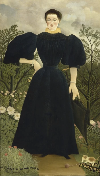 Reproduction of Portrait of Madame M by Henri Rousseau. Woman in a dark dress against a backdrop of greenery and flowers.