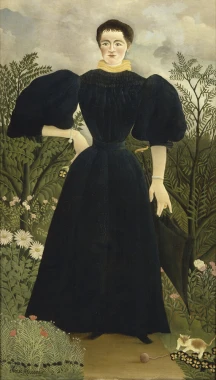 Reproduction of Portrait of Madame M by Henri Rousseau. Woman in a dark dress against a backdrop of greenery and flowers.