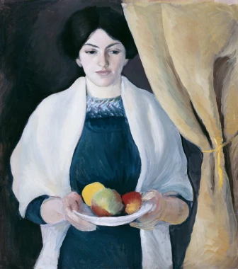 Reproduction of Portrait with Apples by August Macke. Woman holding a plate of fruit on a dark background.