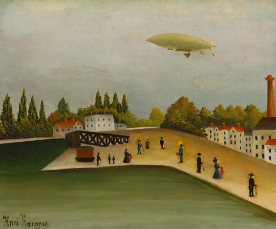 Reproduction of Quai d\'Ivry by Henri Rousseau. The image features people on a road, buildings, and a balloon in the background.